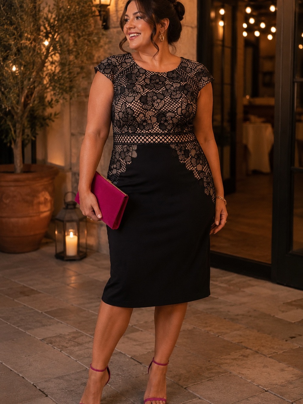 ANTONIO MELANI Navy Lace-Overlay Midi Dress with Nude Lining